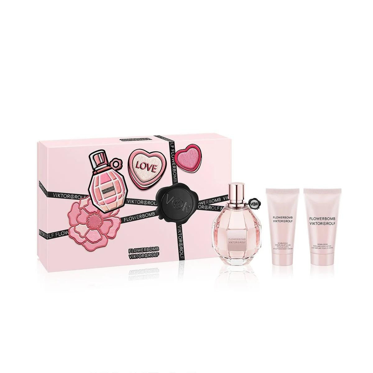 FLOWERBOMB V&R 3 PCS SET FOR WOMEN: 3.4 EAU DE PARFUM SPRAY + 1.7 BODY LOTION + 1.36 BODY CREAM
