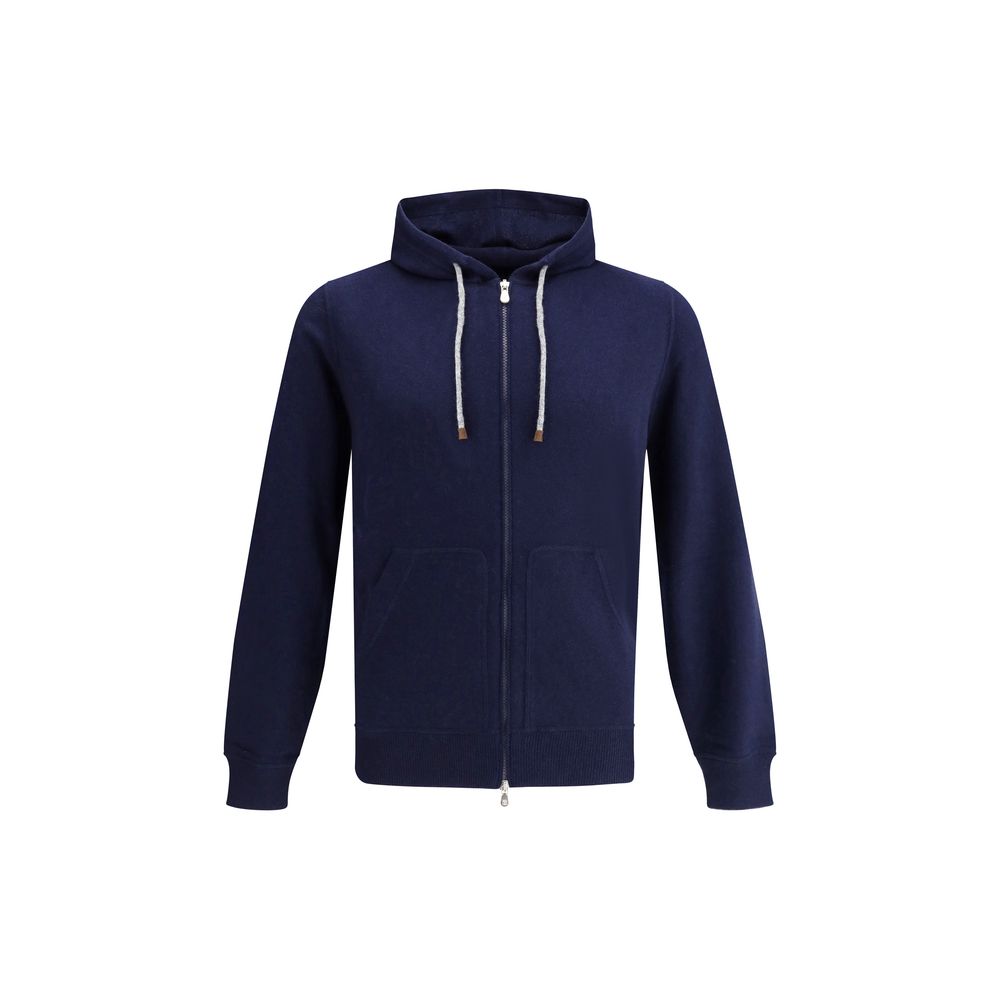 Navy blue zip-up hoodie from Brunello Cucinelli Cashmere, elegant and cozy fashion piece