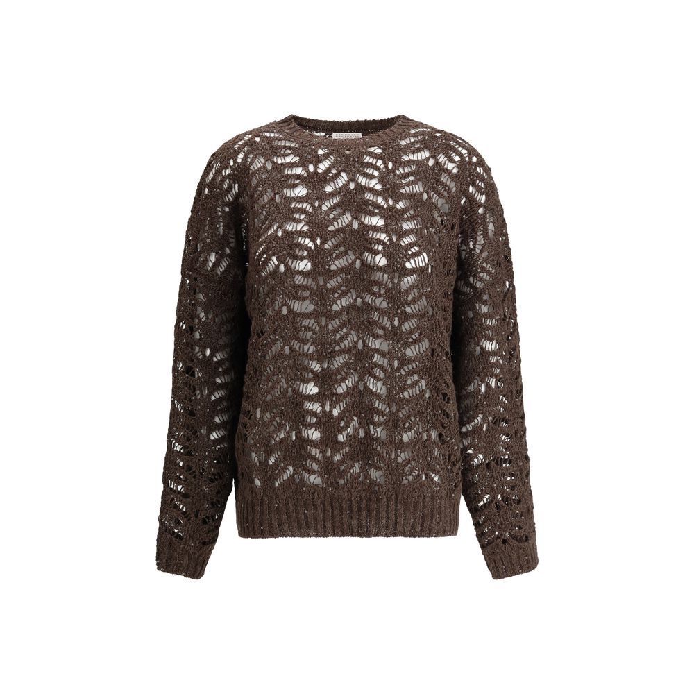 Brown open-knit Brunello Cucinelli perforated sweater with sequins