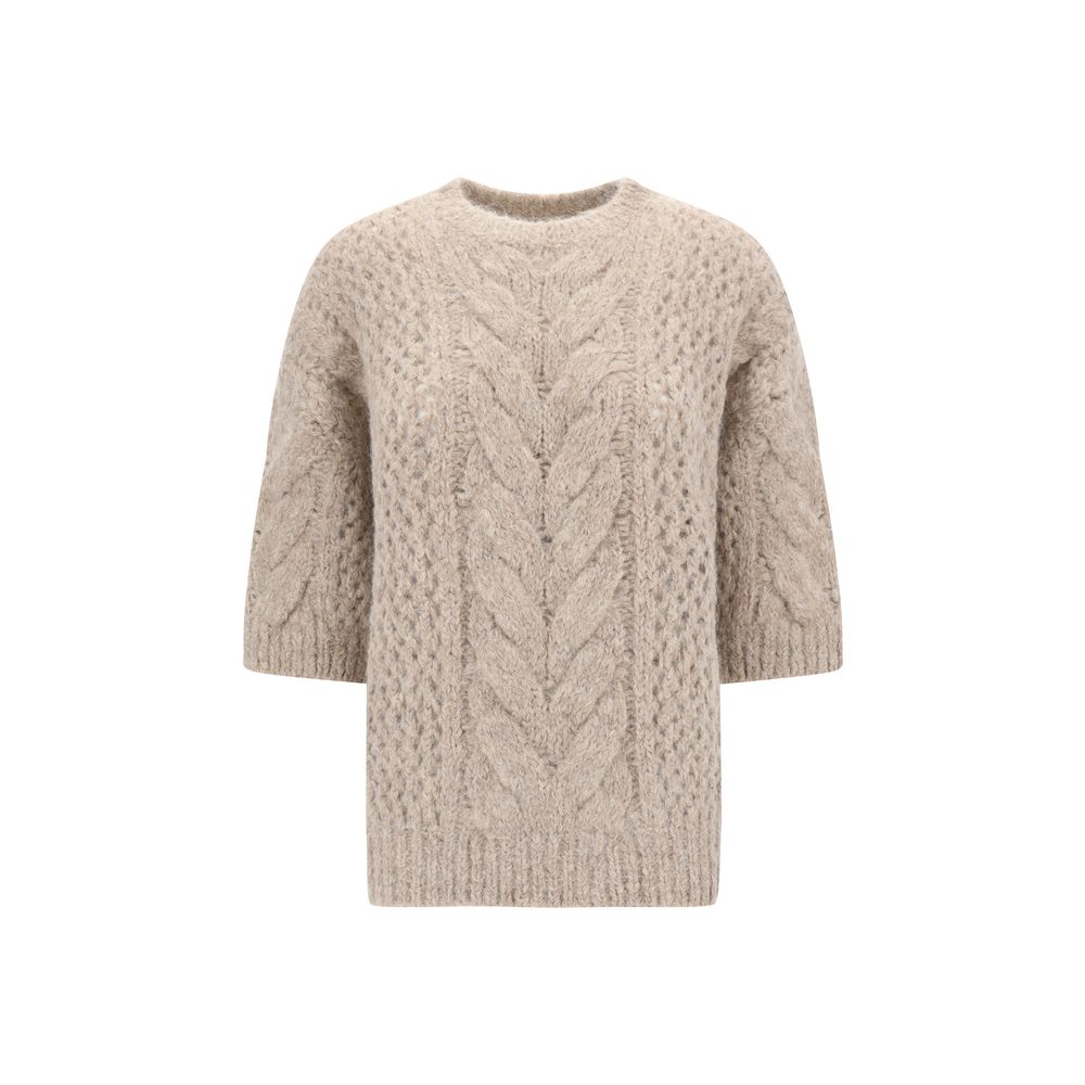 Beige cable-knit Brunello Cucinelli sweater perfect for stylish cold-weather outfits