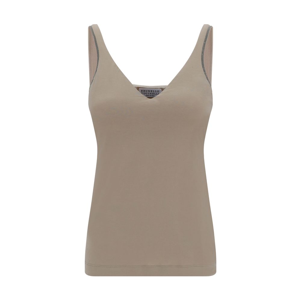 Beige V-neck tank top from Brunello Cucinelli featuring elegant embellishments