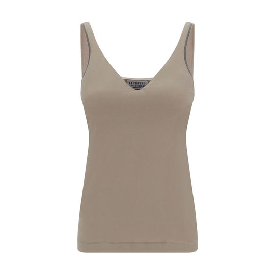 Beige V-neck tank top from Brunello Cucinelli featuring elegant embellishments