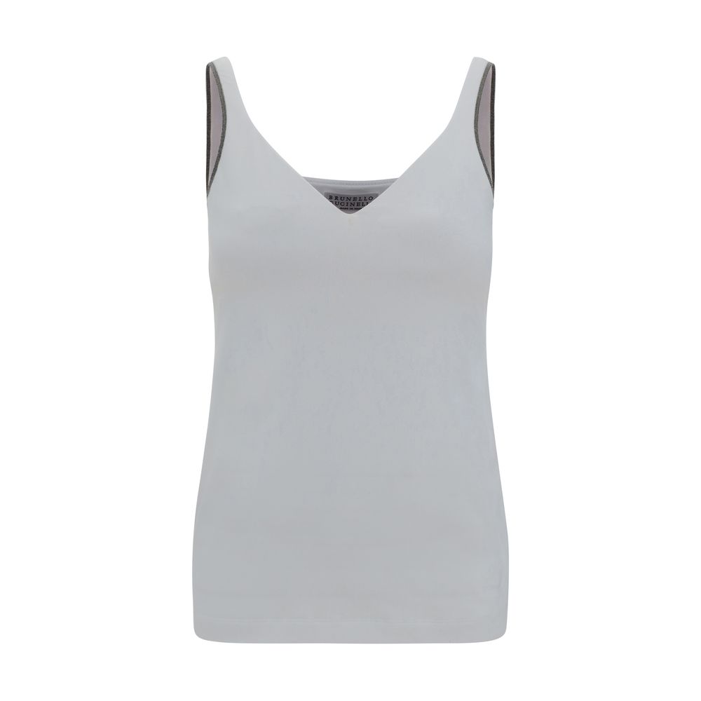 Sleeveless gray V-neck top by Brunello Cucinelli with elegant embellishments