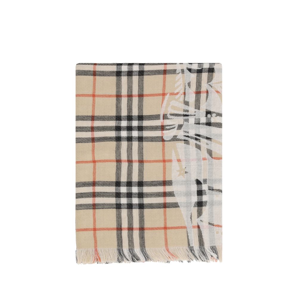 Beige plaid Burberry Archive Check Scarf with fringe detail, perfect for stylish layering