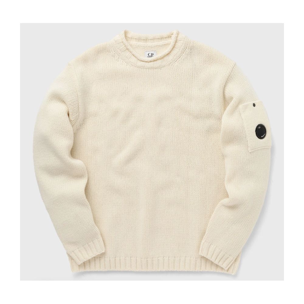 Cream-colored knit sweater with lens detail from C.P. Company White Wool Sweater