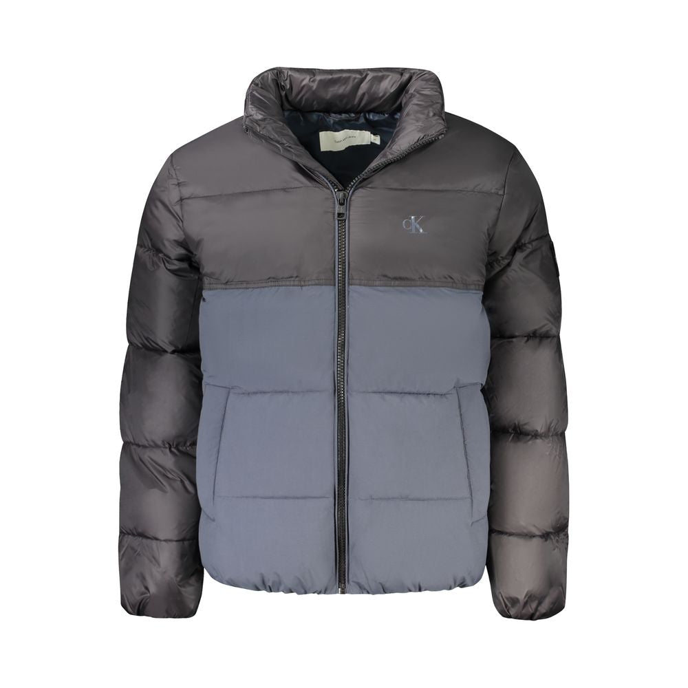 Calvin Klein Blue Polyester Men Jacket featuring a stylish two-tone puffer design