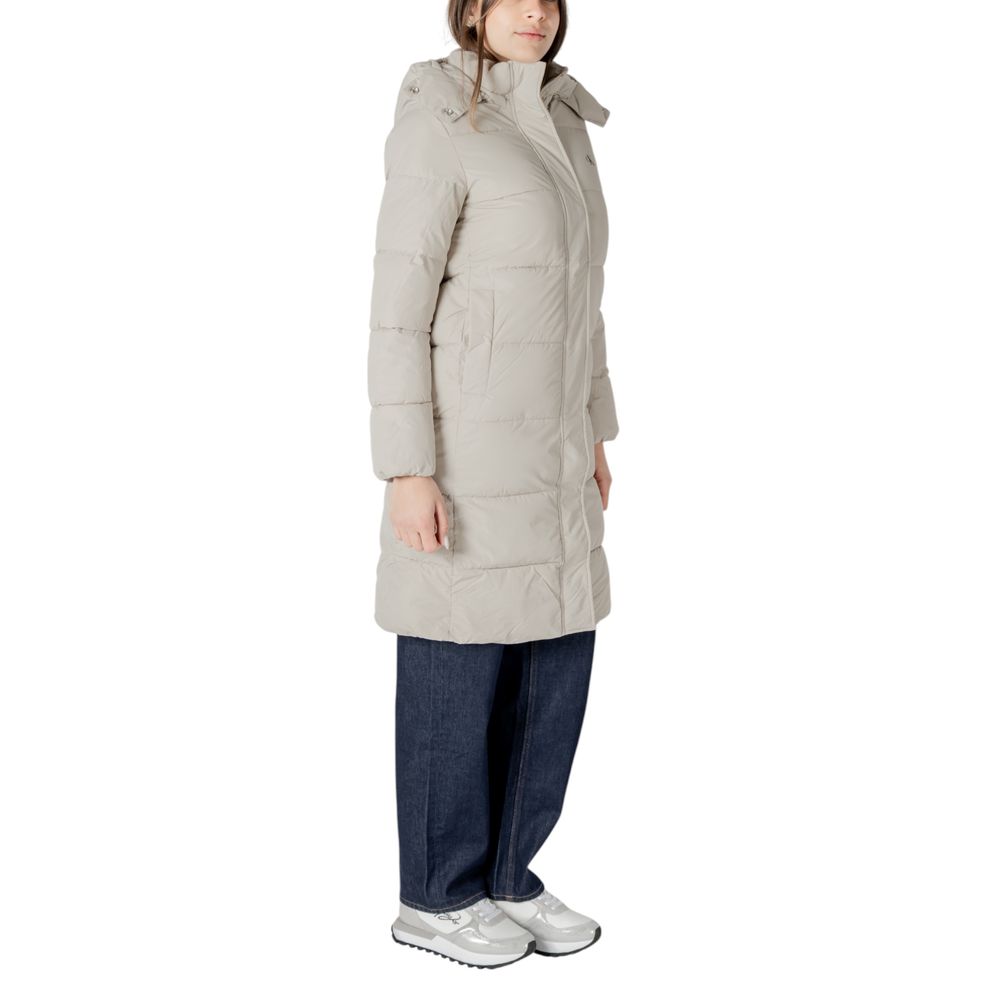 Beige hooded puffer coat from Calvin Klein Jeans, stylish beige polyester jacket
