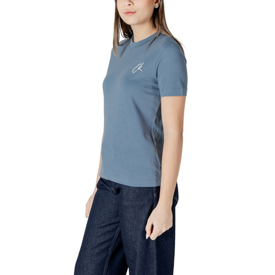 Woman’s Calvin Klein Jeans blue cotton rigenerato top displayed on a neutral background