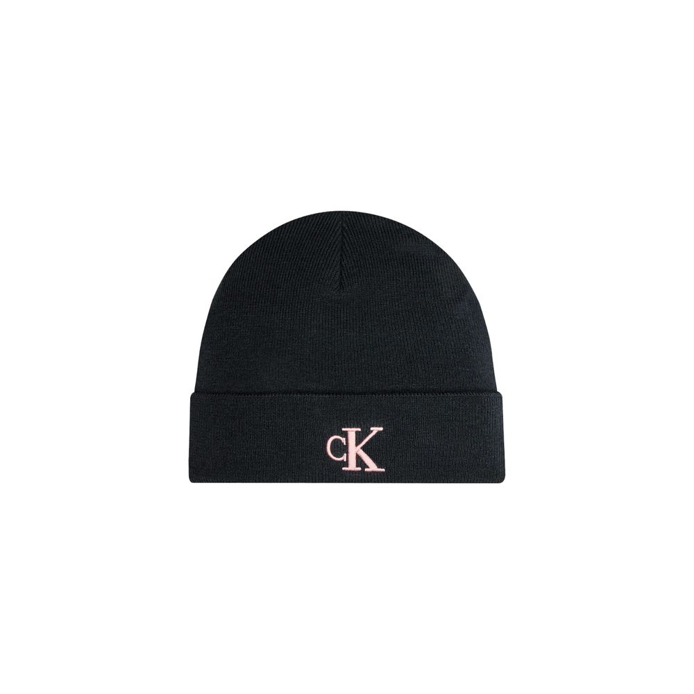 Black knit beanie featuring a pink logo from Calvin Klein Jeans Pink Recycled Polyester Hat