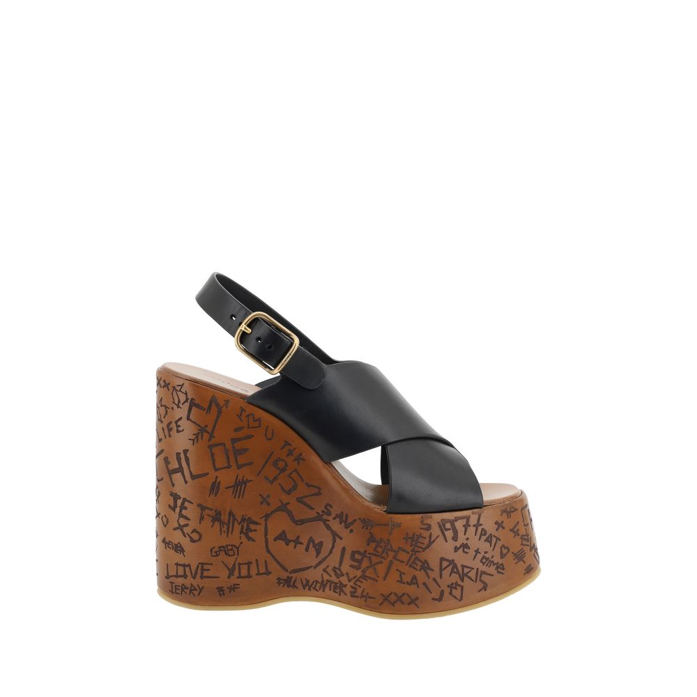 Black leather wedge sandals with graffiti design from Chloé Maxime Sandals collection