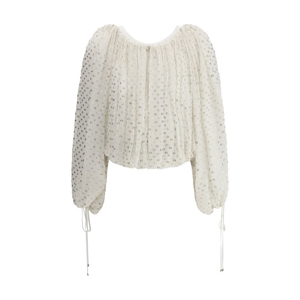 White sequined blouse with long sleeves in Chloé Off-Shoulder Shirt design