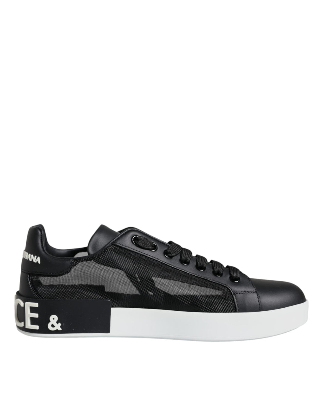 Black Calf Leather Portofino Sneakers by Dolce & Gabbana with white sole and mesh details