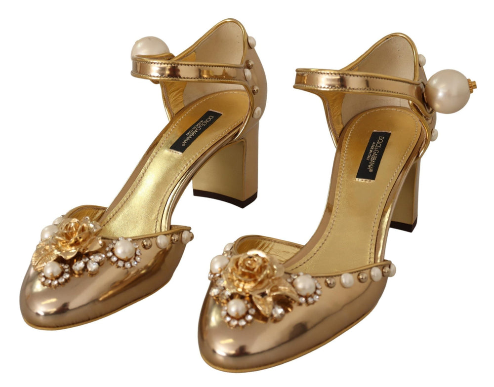 Dolce & Gabbana Elegant Gold Leather Block Heels with Crystals - EU39/US8.5