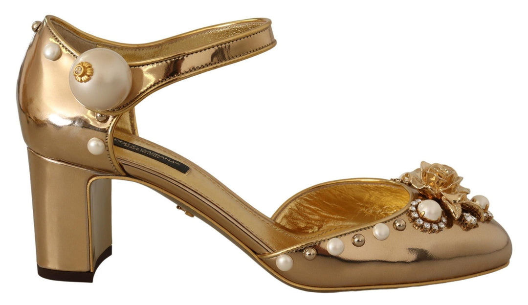 Dolce & Gabbana Elegant Gold Leather Block Heels with Crystals - EU39/US8.5