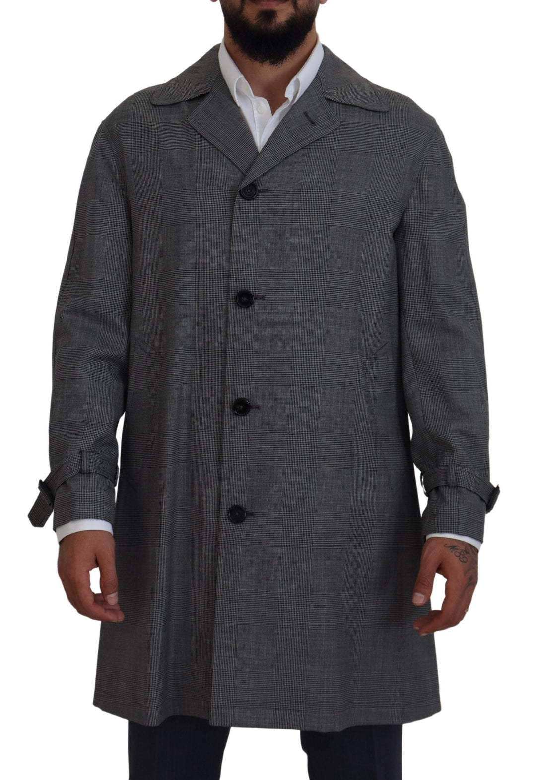 Elegant Gray Plaid Trench Coat by Dolce & Gabbana showcasing a stylish gray plaid design