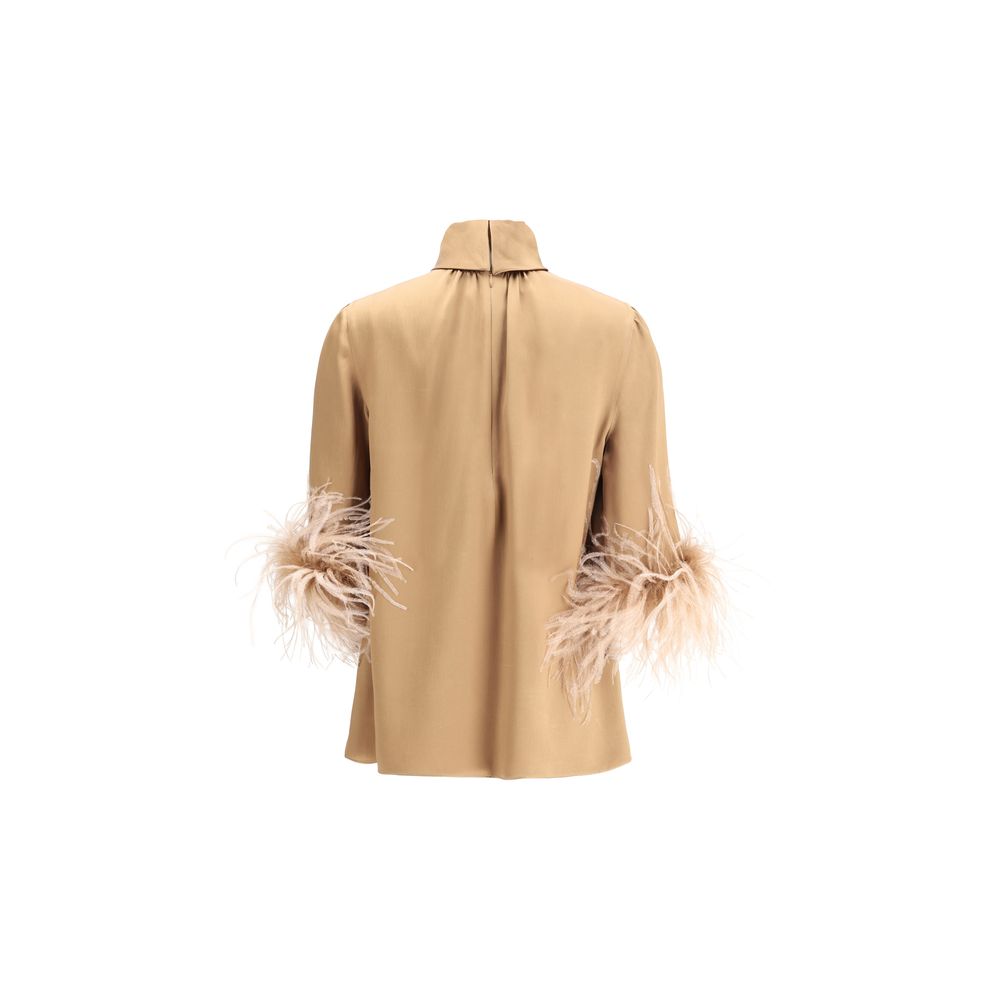 Tan Dolce & Gabbana Feathers Blouse features stylish feathered cuffs for a chic look