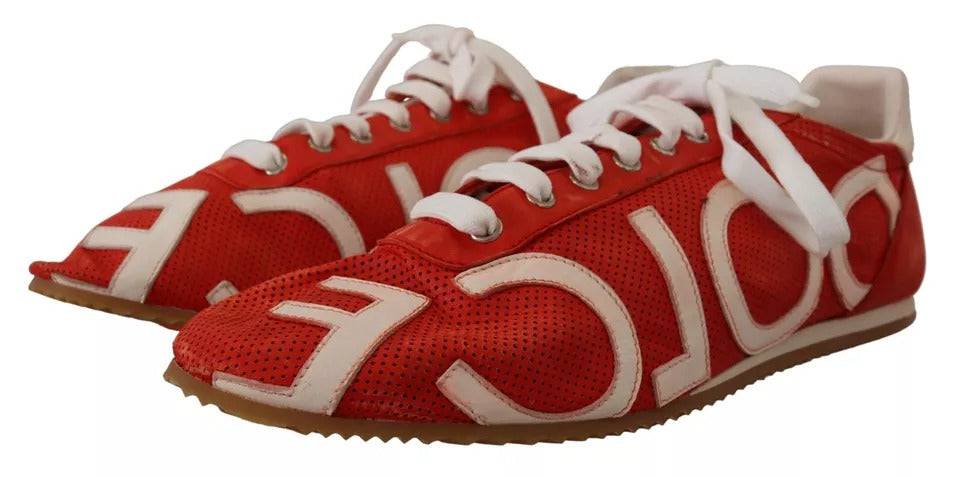 Dolce & Gabbana Red White Leather Mens Logo Casual Sneakers Shoes - ACCEXO