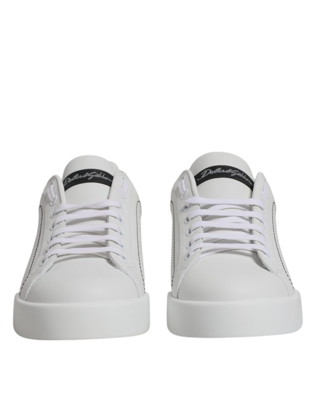 Pair of Dolce & Gabbana White Black Portofino Low Top Sneakers in white leather