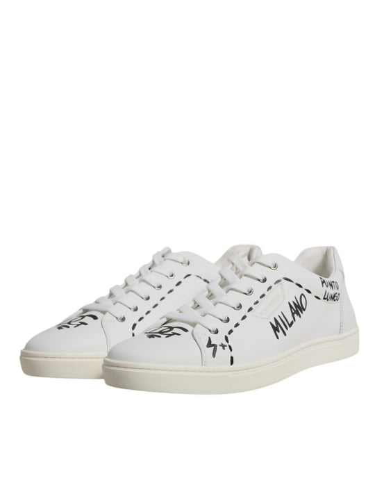 Dolce & Gabbana White Leather Milano Low Top Sneakers with black writing design