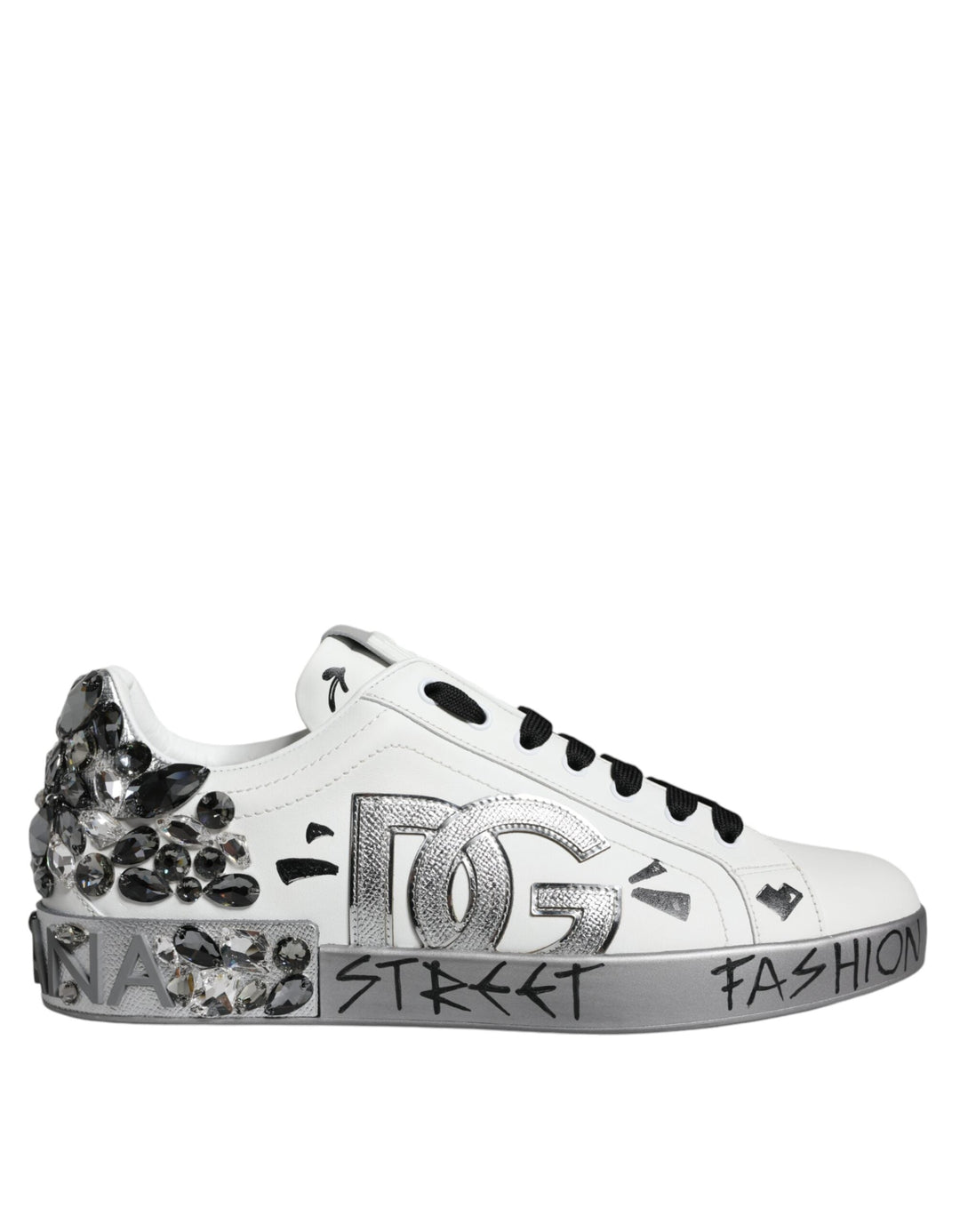 Dolce & Gabbana White Silver Crystal Logo Portofino Sneakers Shoes - EU43.5/US10.5