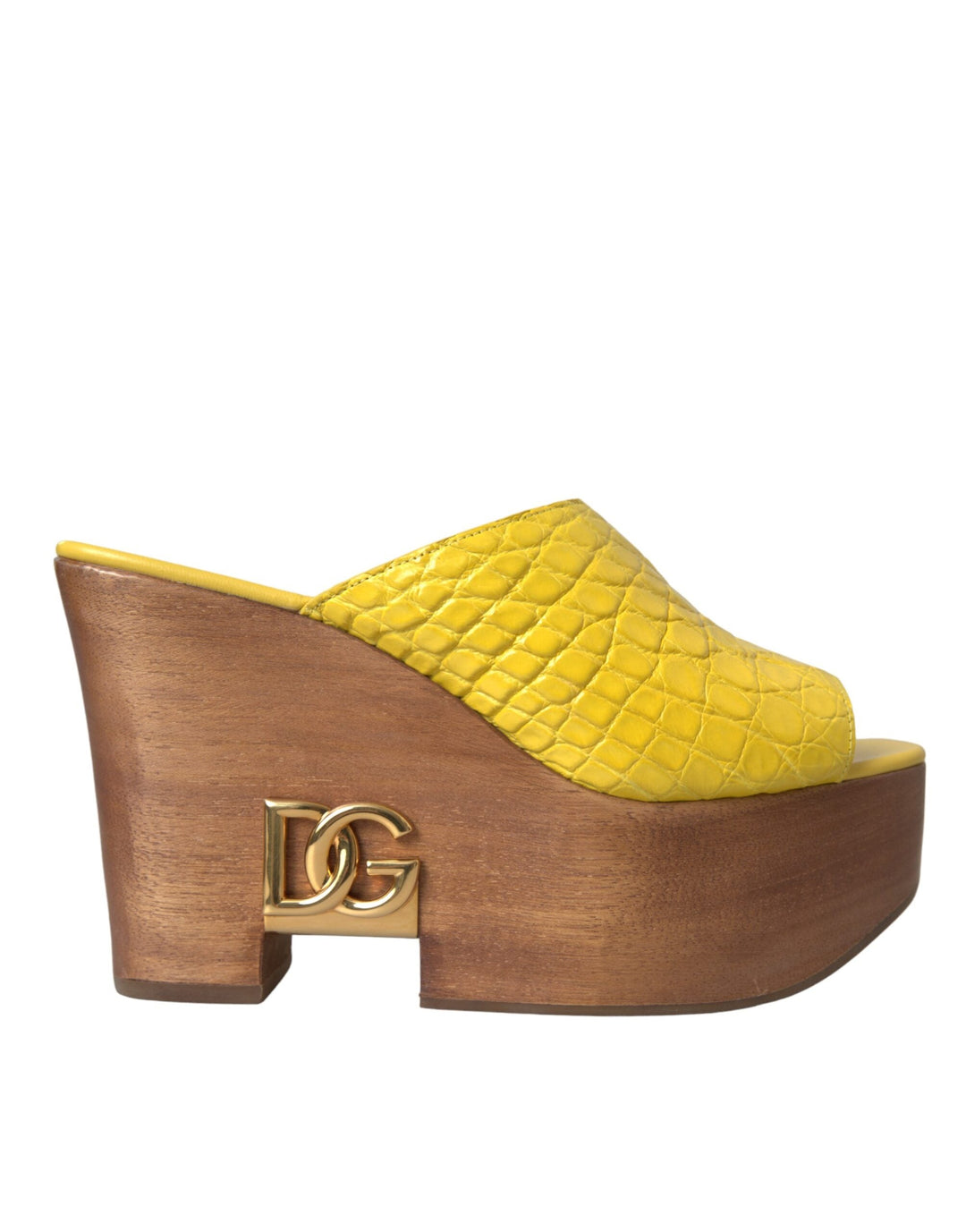 Dolce & Gabbana yellow leather wood mule wedge slides with snakeskin design