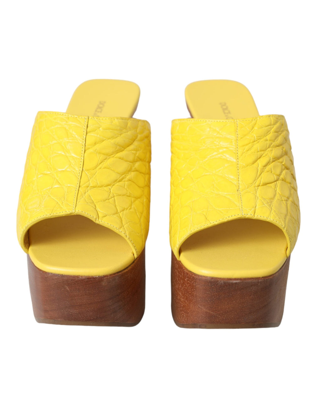 Dolce & Gabbana Yellow Leather Wood Mule Wedge Slides Shoes for stylish summer wear