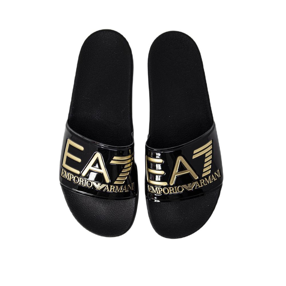 Black EA7 Emporio Armani slides, featuring a stylish design in gold polyethylene sandal