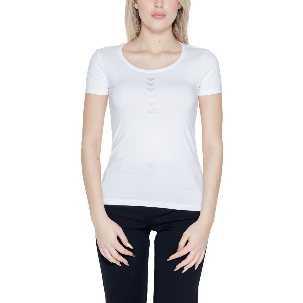 Woman wearing EA7 Emporio Armani white cotton t-shirt and black pants outfit