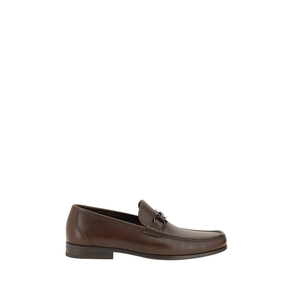 Brown leather loafer from Ferragamo Ornamento Gancini collection, stylish and elegant