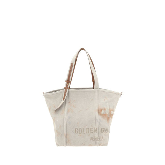 Beige canvas tote bag with brown leather straps from Golden Goose collection