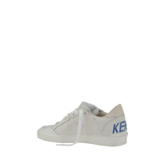 White leather sneaker with blue lettering from Golden Goose Ball Star collection