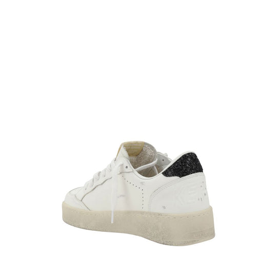 White leather Golden Goose Ball Star Sneakers with black glitter heel for stylish comfort