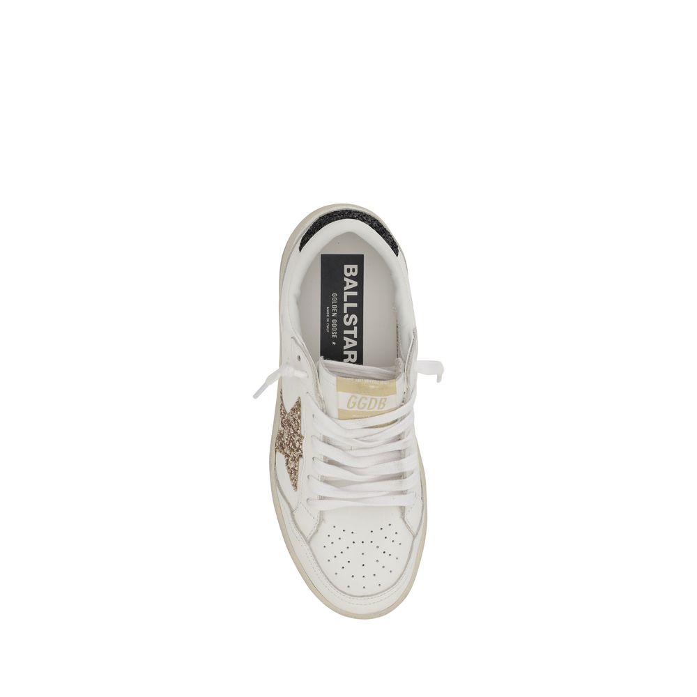 White leather Golden Goose Ball Star Sneakers featuring a glitter star design