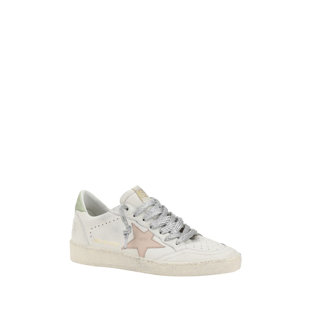 White leather Golden Goose Ball Star Sneakers with pink star design