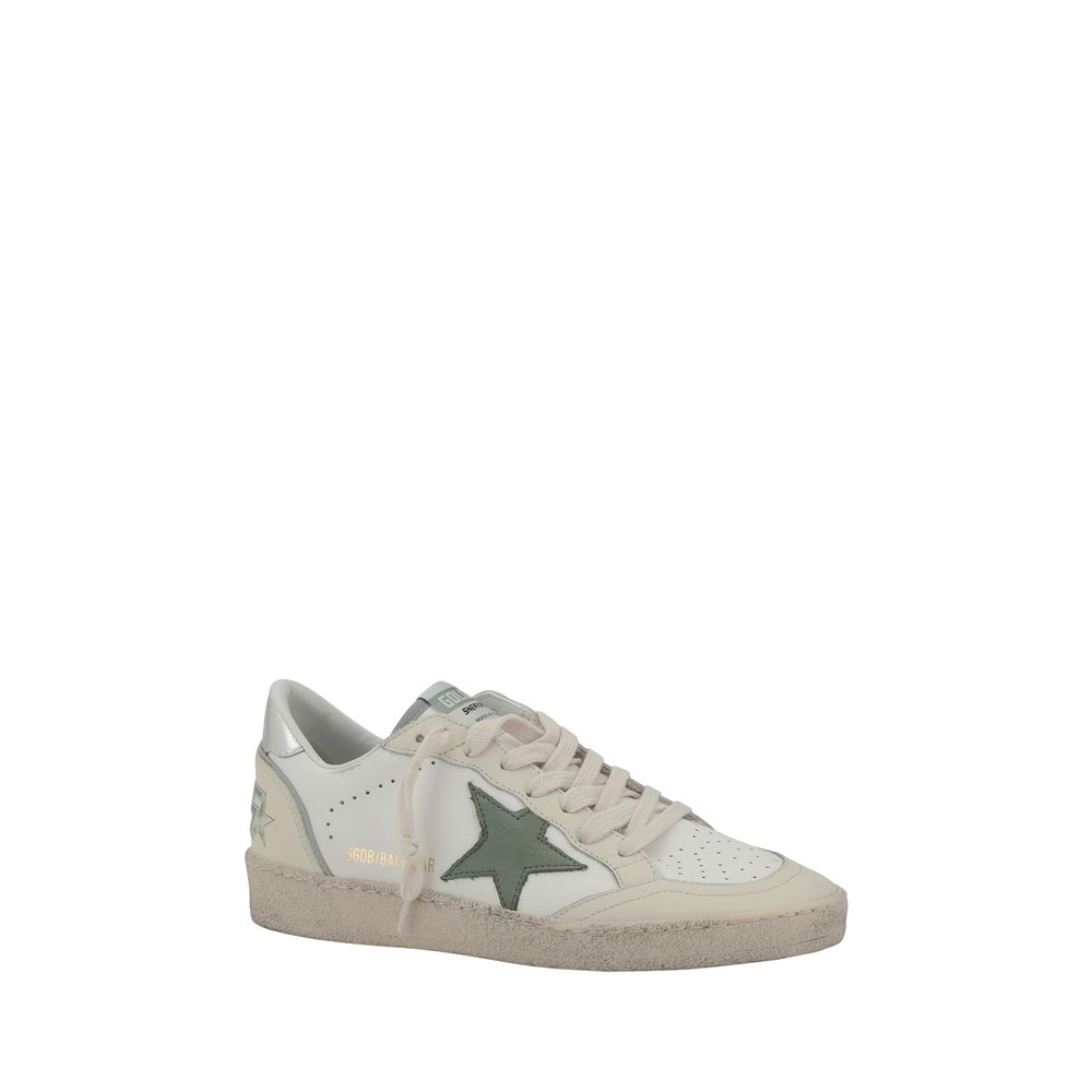 Distressed white Golden Goose Ball Star Sneakers with green star detail