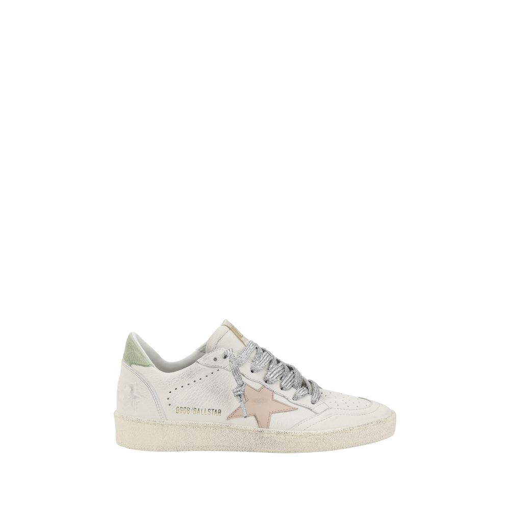 Distressed white leather Golden Goose Ball Star Sneakers with pink star detail