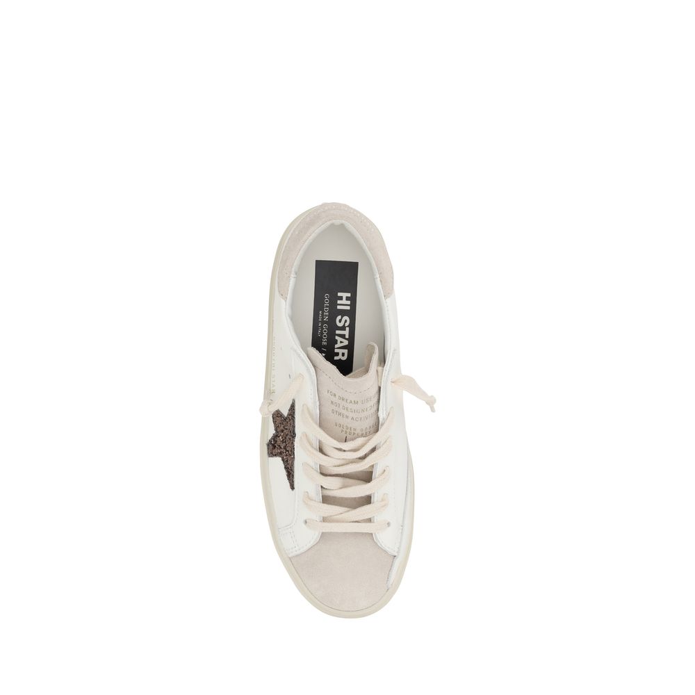 White and beige Golden Goose Hi Star Sneakers featuring a stylish star design