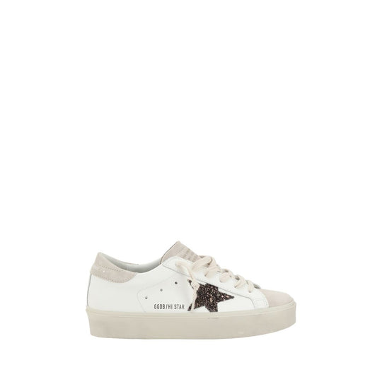 White leather Golden Goose Hi Star Sneakers featuring a glittery star detail