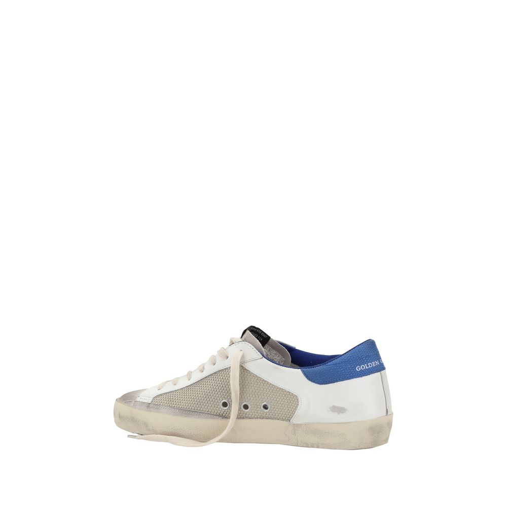 Distressed white and gray Golden Goose Super Star Sneakers with blue heel detail