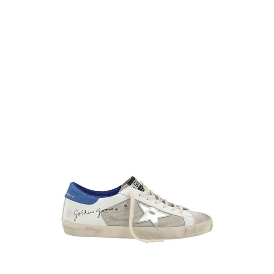 Distressed white and gray Golden Goose Super Star Sneakers with blue heel