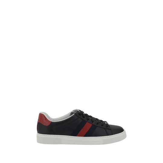 Black and red striped Gucci leather sneakers with a stylish design and comfort