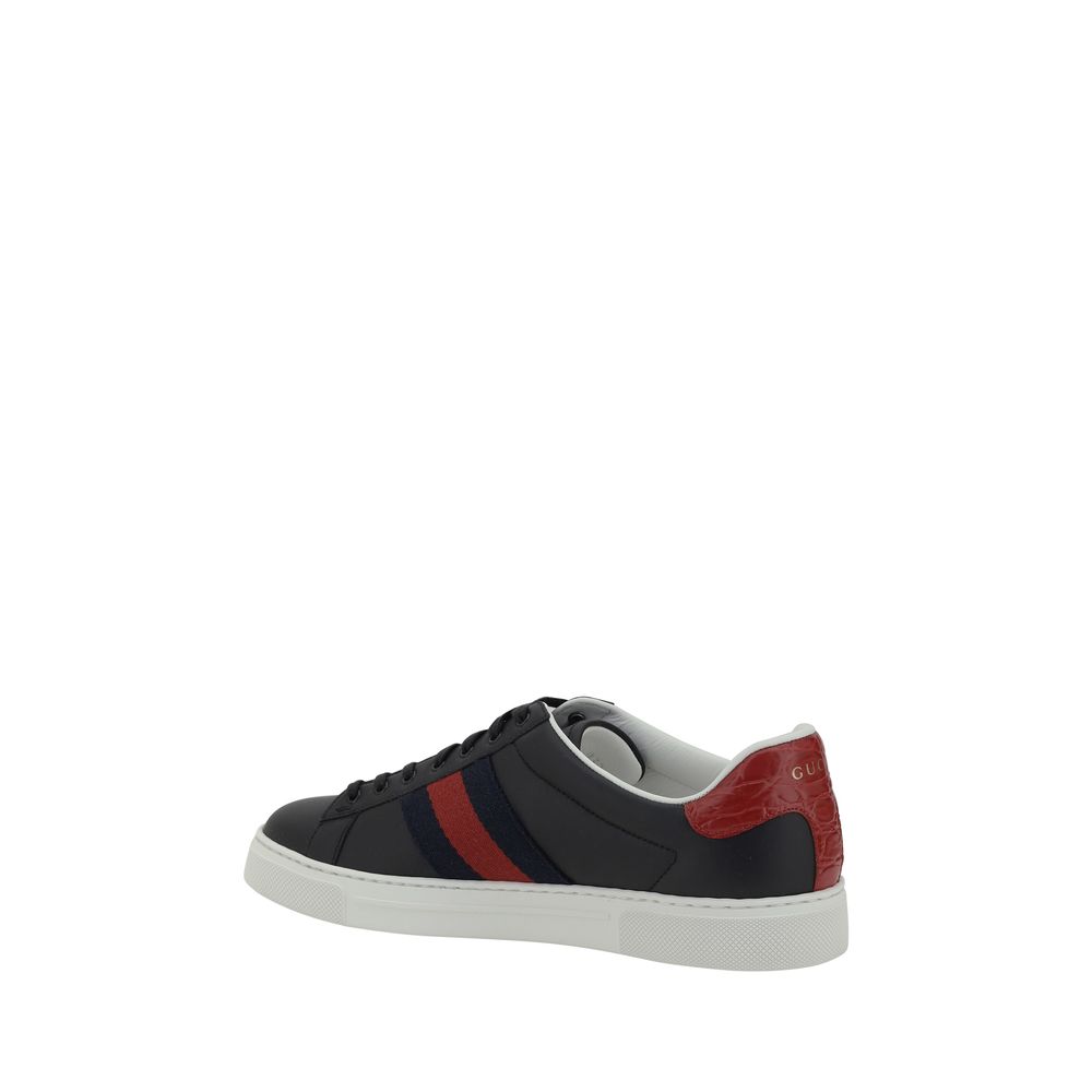 Black leather Gucci sneakers featuring a sleek design for stylish comfort