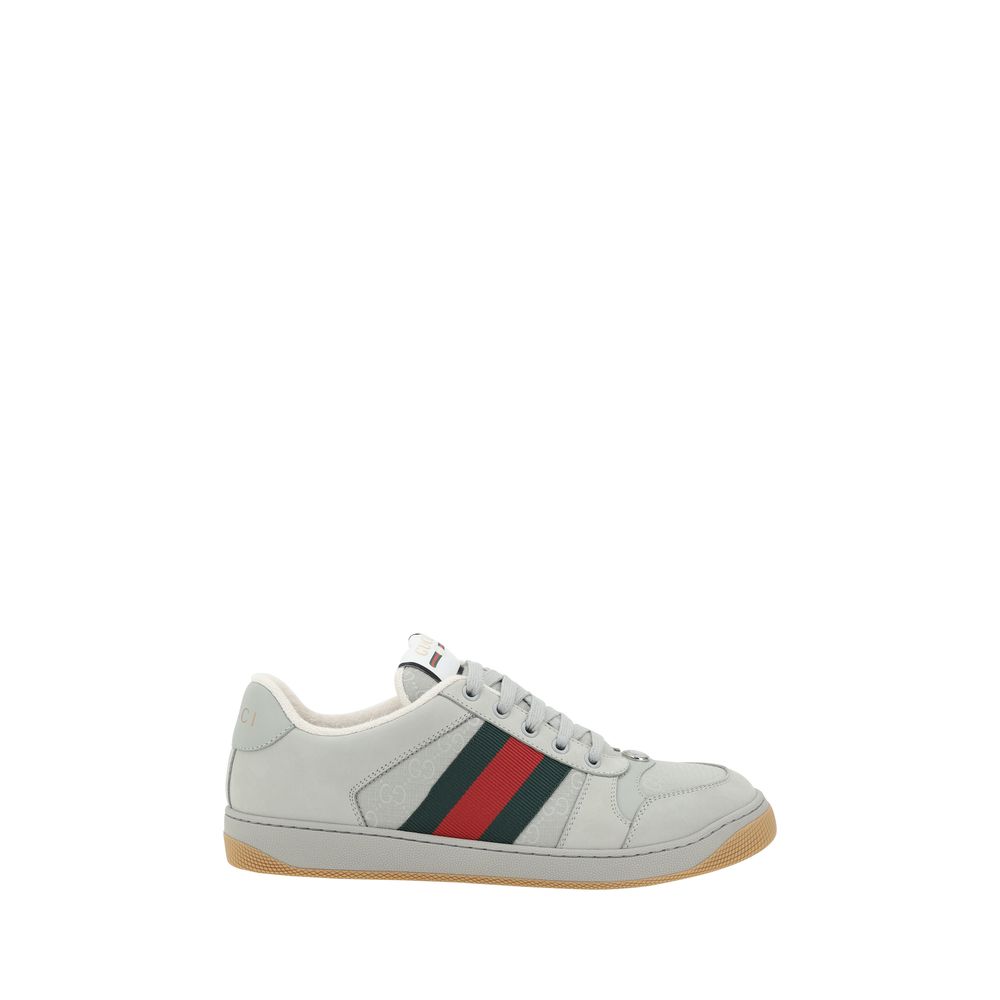 White leather Gucci Screener Sneakers with green and red stripes for a stylish look