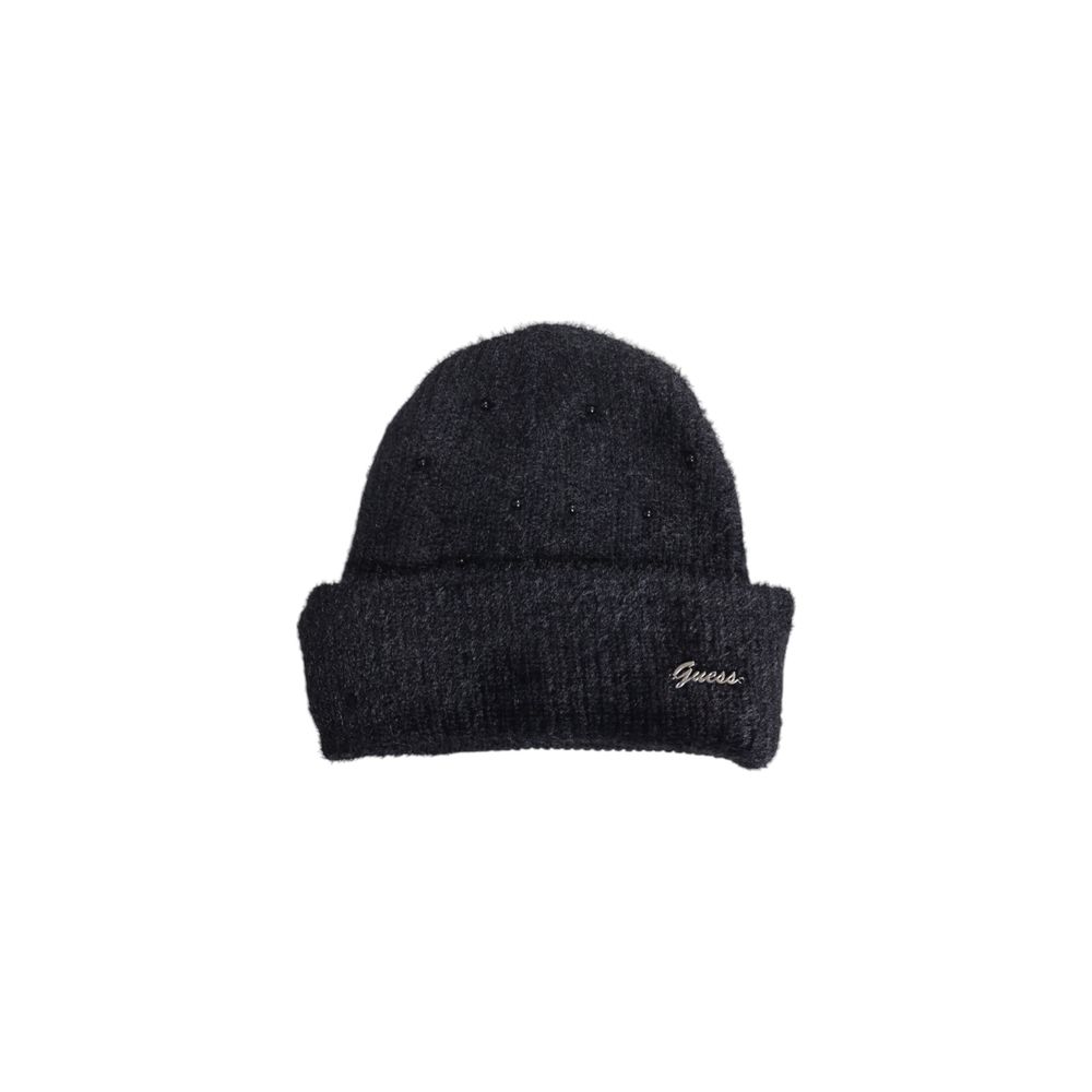 Black knit beanie from Guess Black Cotton Hat collection, perfect for stylish warmth