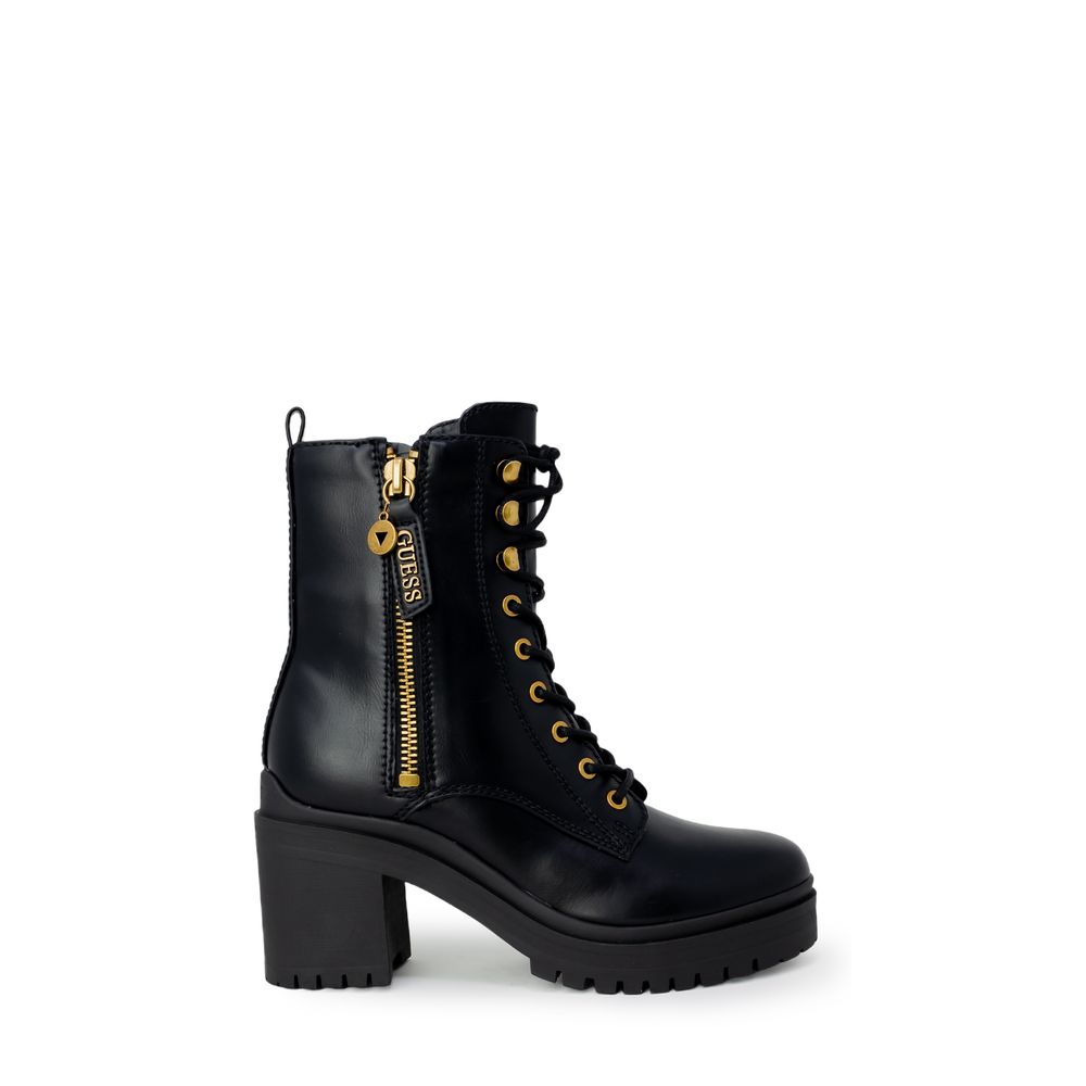 Black heeled combat boot showcasing Guess Black Polyethylene Boot for stylish durability