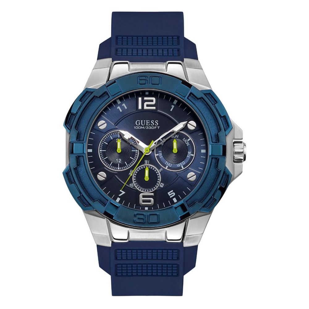 Blue and silver Guess wristwatch featured in Guess Blue Rubber Watch collection