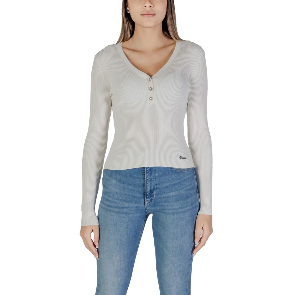 Woman’s long-sleeved V-neck Guess cream viscose top ideal for stylish casual wear