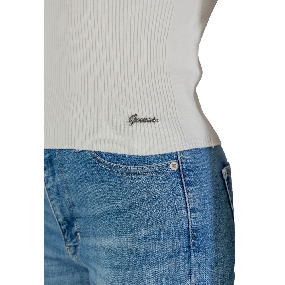 White ribbed top styled with blue jeans from Guess Cream Viscose Tops collection