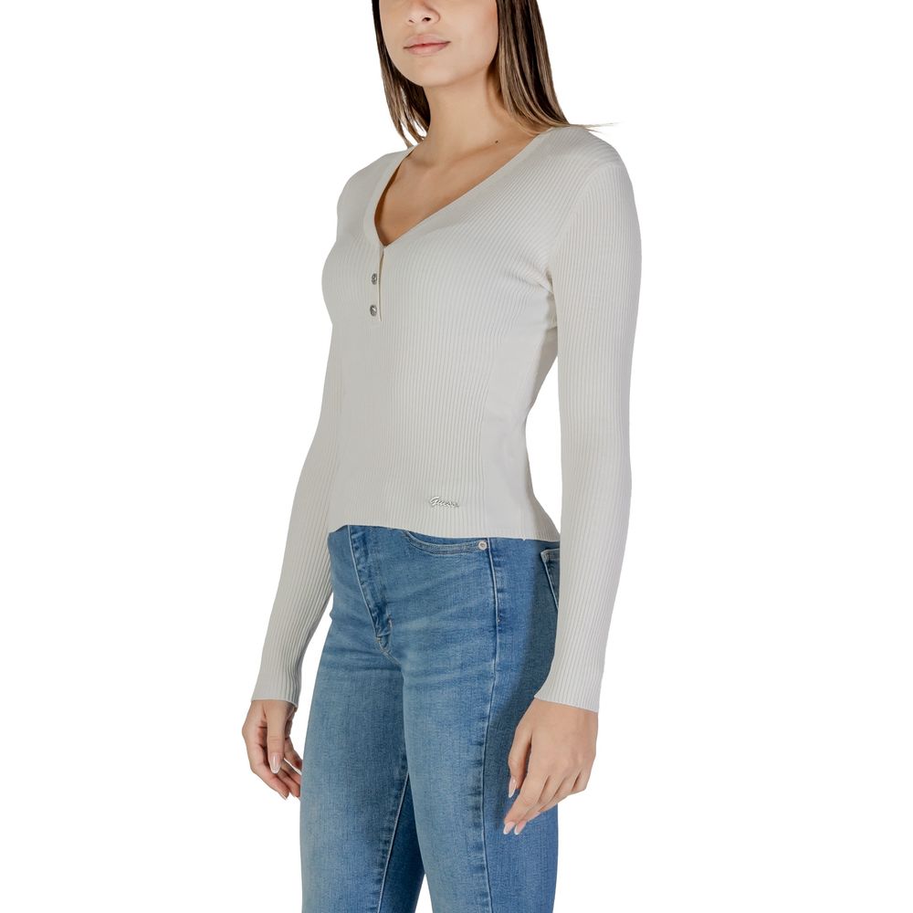 Woman’s ribbed long-sleeve Guess cream viscose top for stylish everyday wear