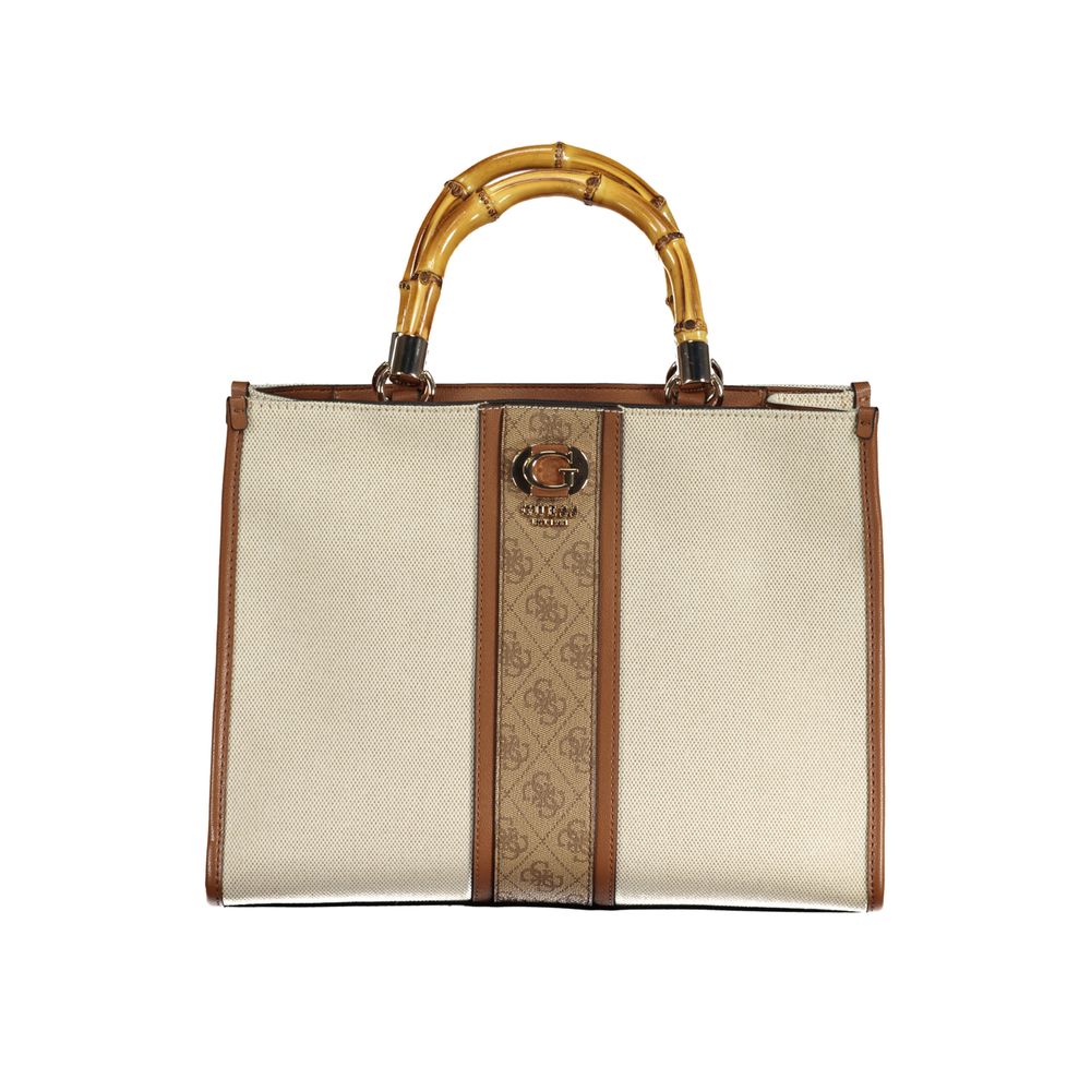 Beige cotton handbag from Guess Jeans featuring a stylish bamboo handle